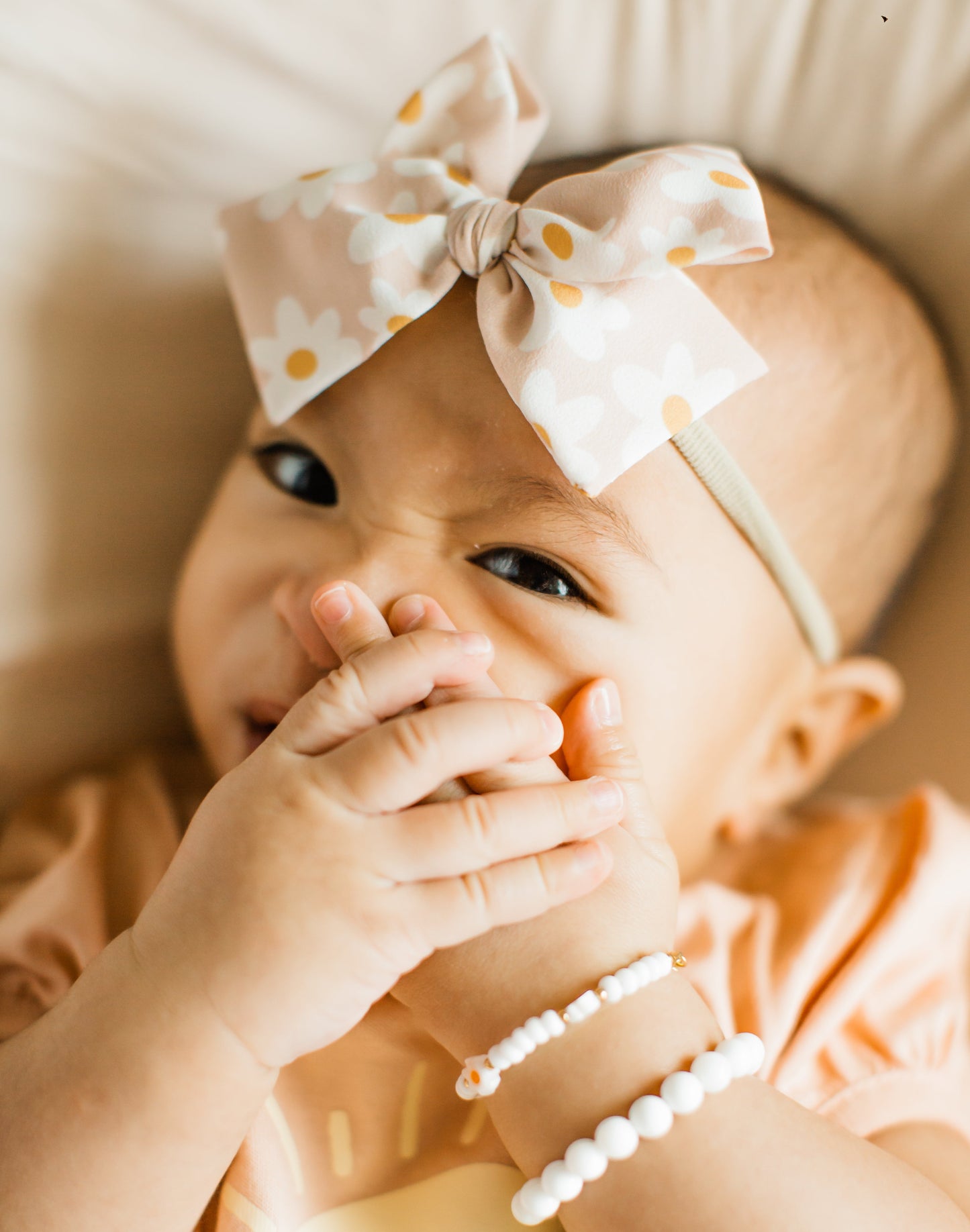 Daisies on Light Blush Hand-tied Bow