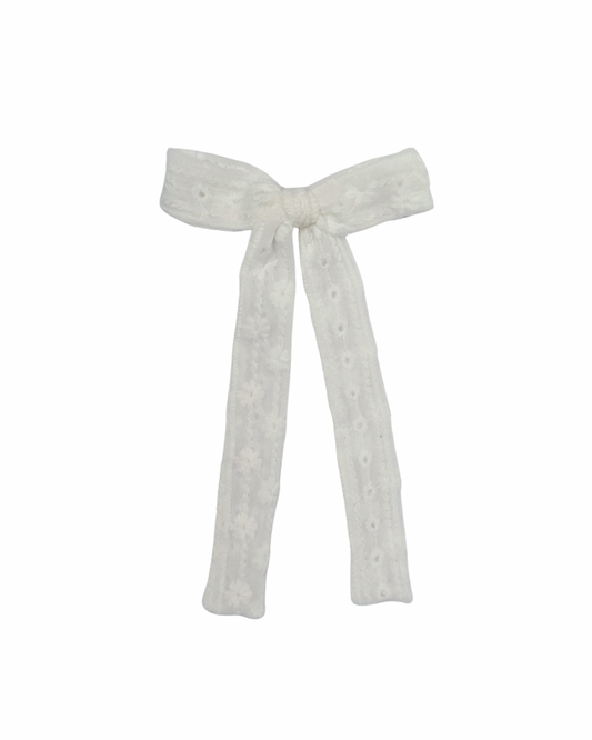 White Eyelet Embroidered Long Tail Bow